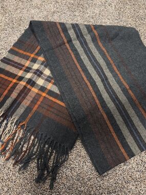 Nwot Merona Dark Gray Plaid Scarf with Brown & Orange Stripes